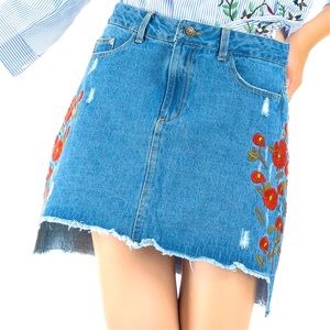 Floral Embroidered Distressed Denim Mini Skirt